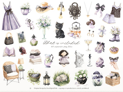 Firefly Garden - Clipart, Night Summer Garden, Moonlight, Cottagecore, Mystical Garden | 60 PNG