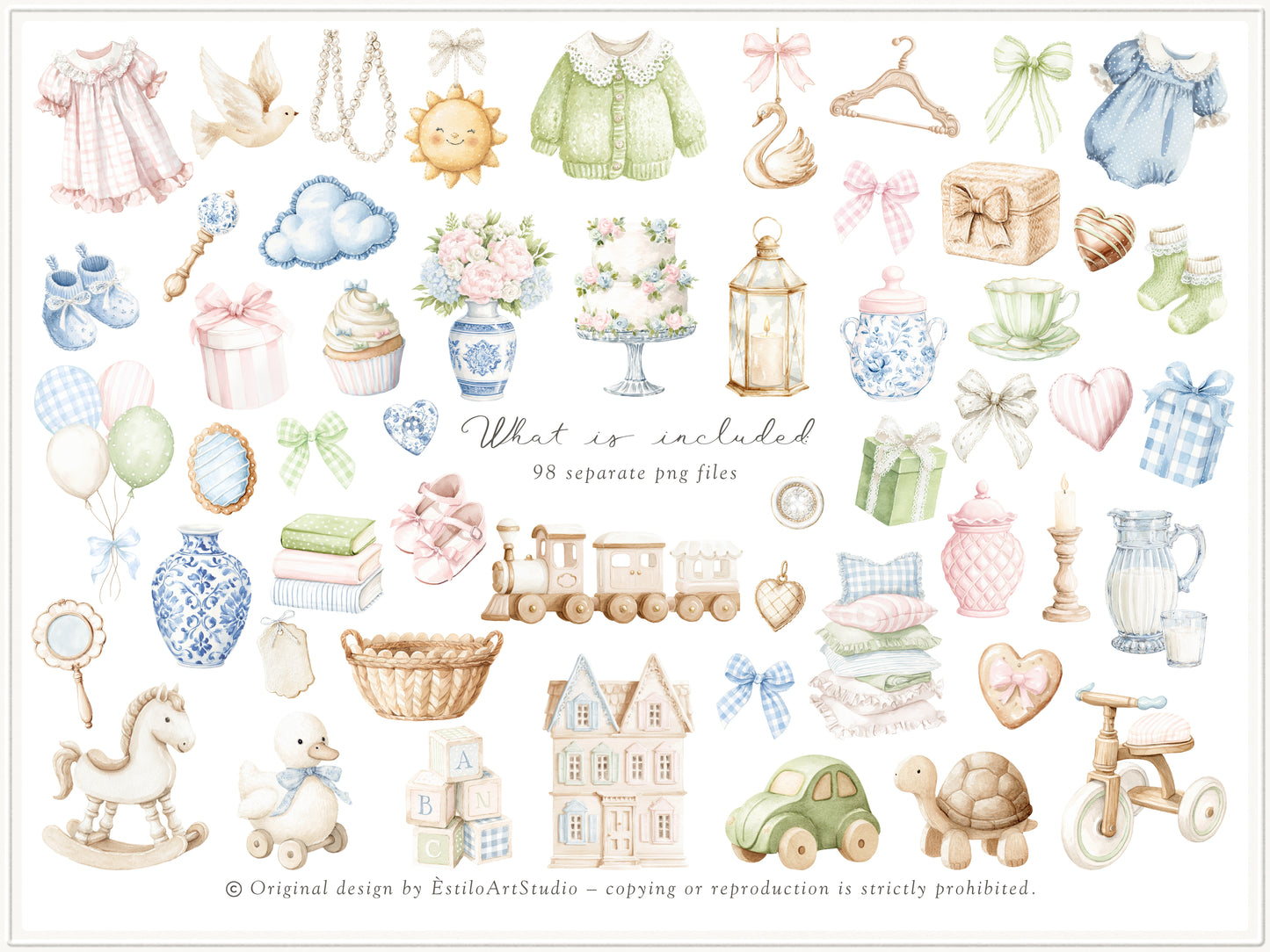 Grand Atelier - Baby Nursery Clipart, Vintage Toys, Teddy Bear, Bunny, Pastel Baby Shower, Grandmillennial | 78 PNG