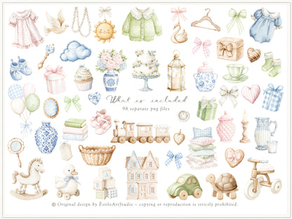Grand Atelier - Baby Nursery Clipart, Vintage Toys, Teddy Bear, Bunny, Pastel Baby Shower, Grandmillennial | 78 PNG