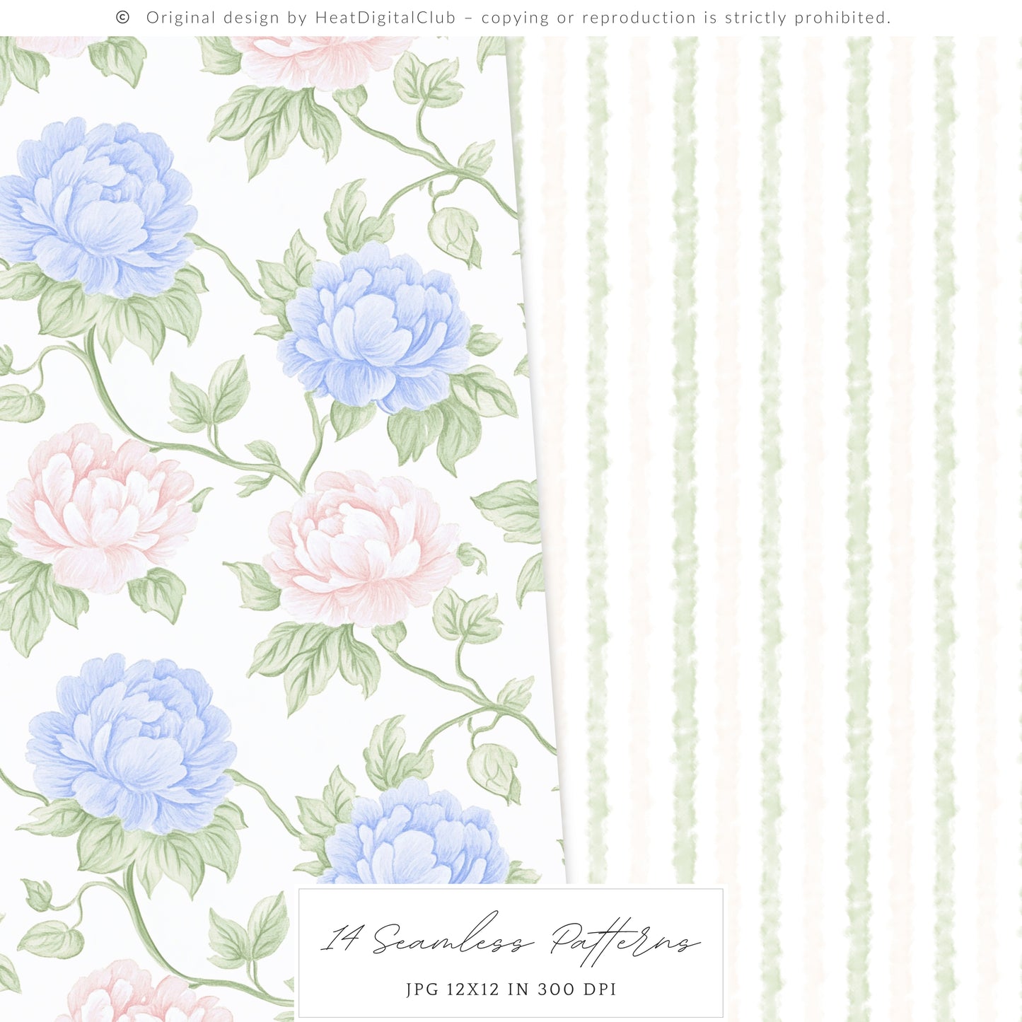 Grandmillennial - Seamless Patterns, Set 4, Pastel Floral, Stripes, Plaid, Glitter | 14 JPEG