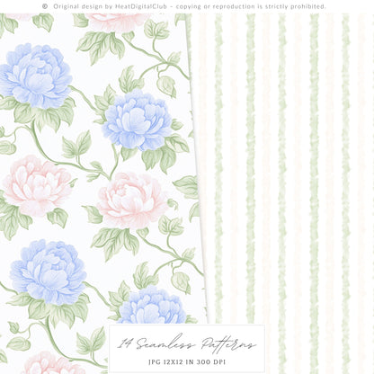 Grandmillennial - Seamless Patterns, Set 4, Pastel Floral, Stripes, Plaid, Glitter | 14 JPEG