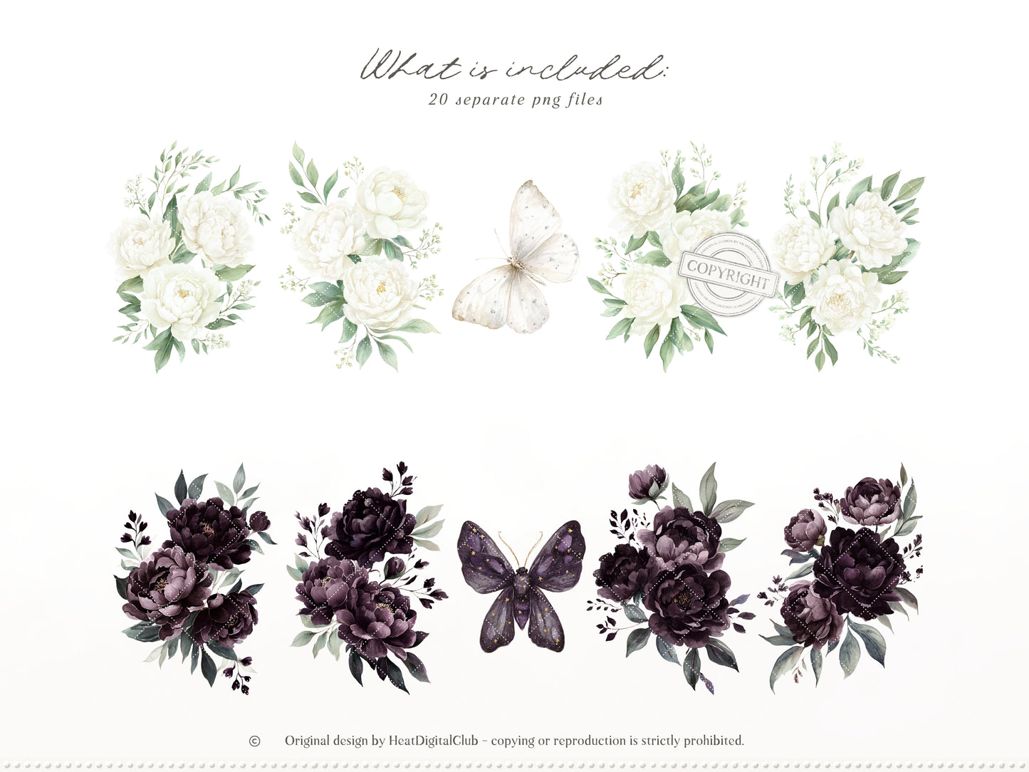 Day & Midnight -Floral Arrangements Clipart, Ivory & Dark Peony Watercolor Flowers, Gothic Romantic | 20 PNG