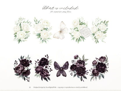 Day & Midnight -Floral Arrangements Clipart, Ivory & Dark Peony Watercolor Flowers, Gothic Romantic | 20 PNG