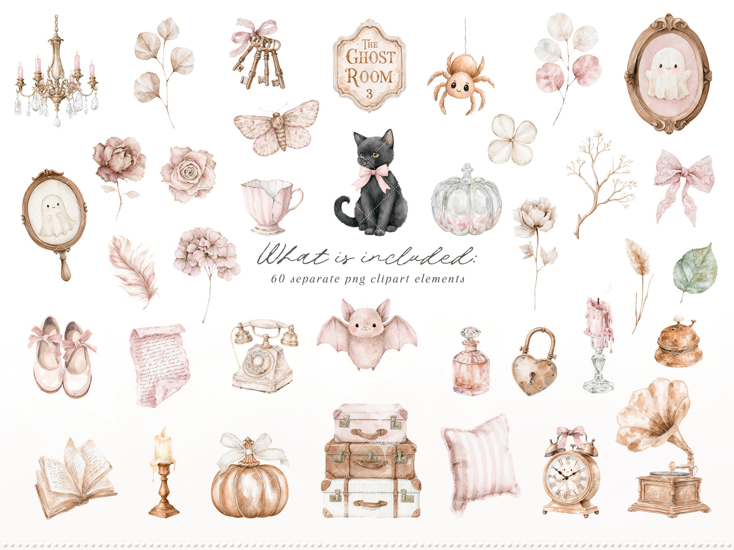 Ghost Room - Watercolor Pink Halloween Clipart and Seamless Patterns Bundle | 68 PNG/JPEG