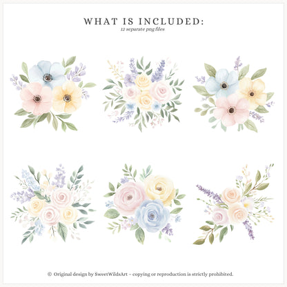 Rainbow World - Floral Arrangements, Pastel Watercolor Flowers  | 12 PNG