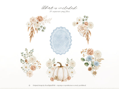 Gentle Fall - Floral Arrangements Clipart, Neutral Floral Autumn, Beige Flowers, Fall Botanical Elements, Pumpkins | 37 PNG