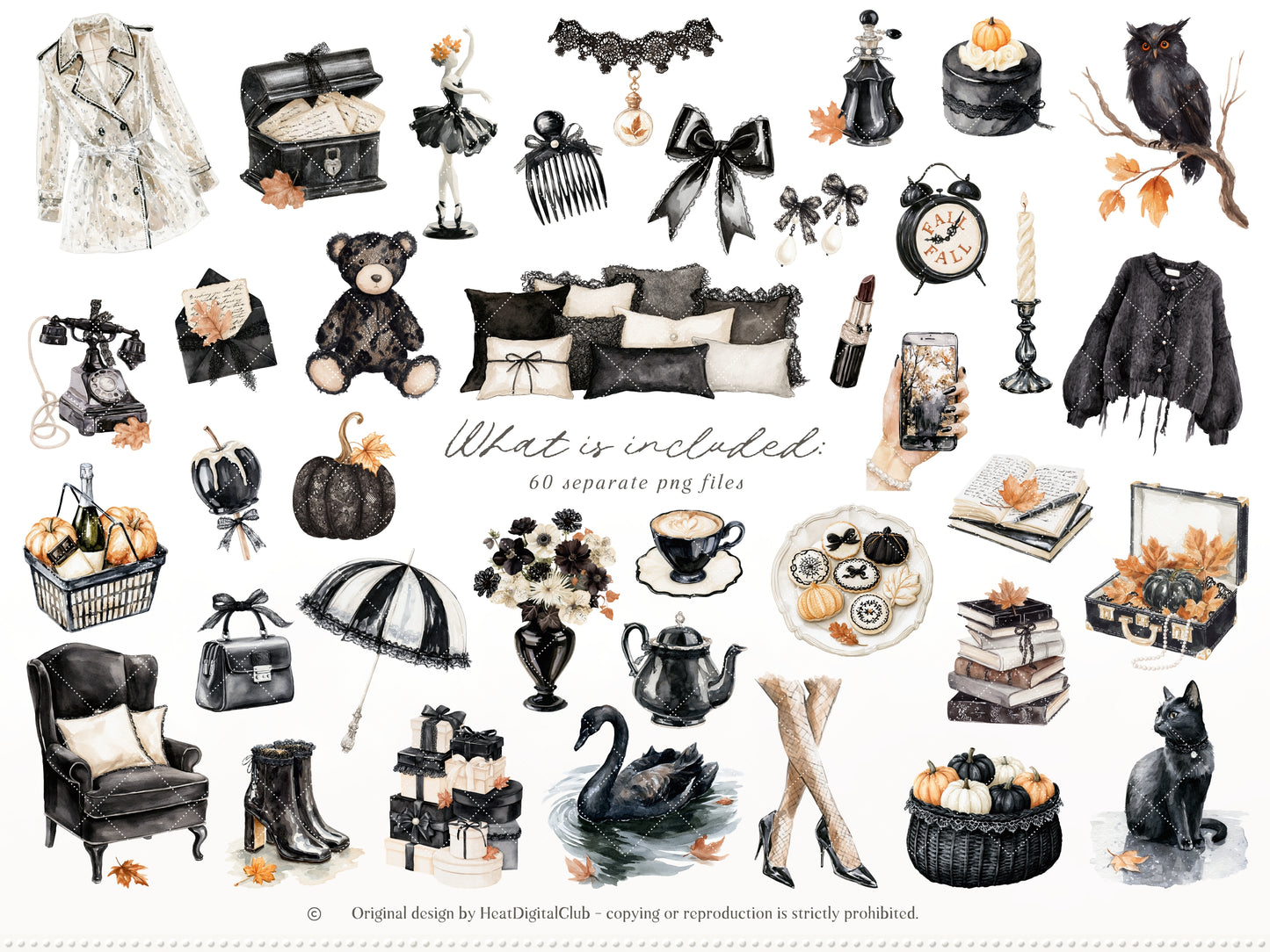 Fall After Dark - Clipart, Dark Coquette Autumn, Black Lace, Moody Rainy Autumn, Feminine Gothic | 40 PNG
