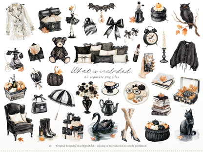 Fall After Dark - Clipart, Dark Coquette Autumn, Black Lace, Moody Rainy Autumn, Feminine Gothic | 40 PNG