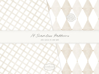 Grandmillennial Set 8 - Seamless Patterns, Beige Neutral Floral, Estate Botanical, Stripes, Damask Patterns | 14 JPEG