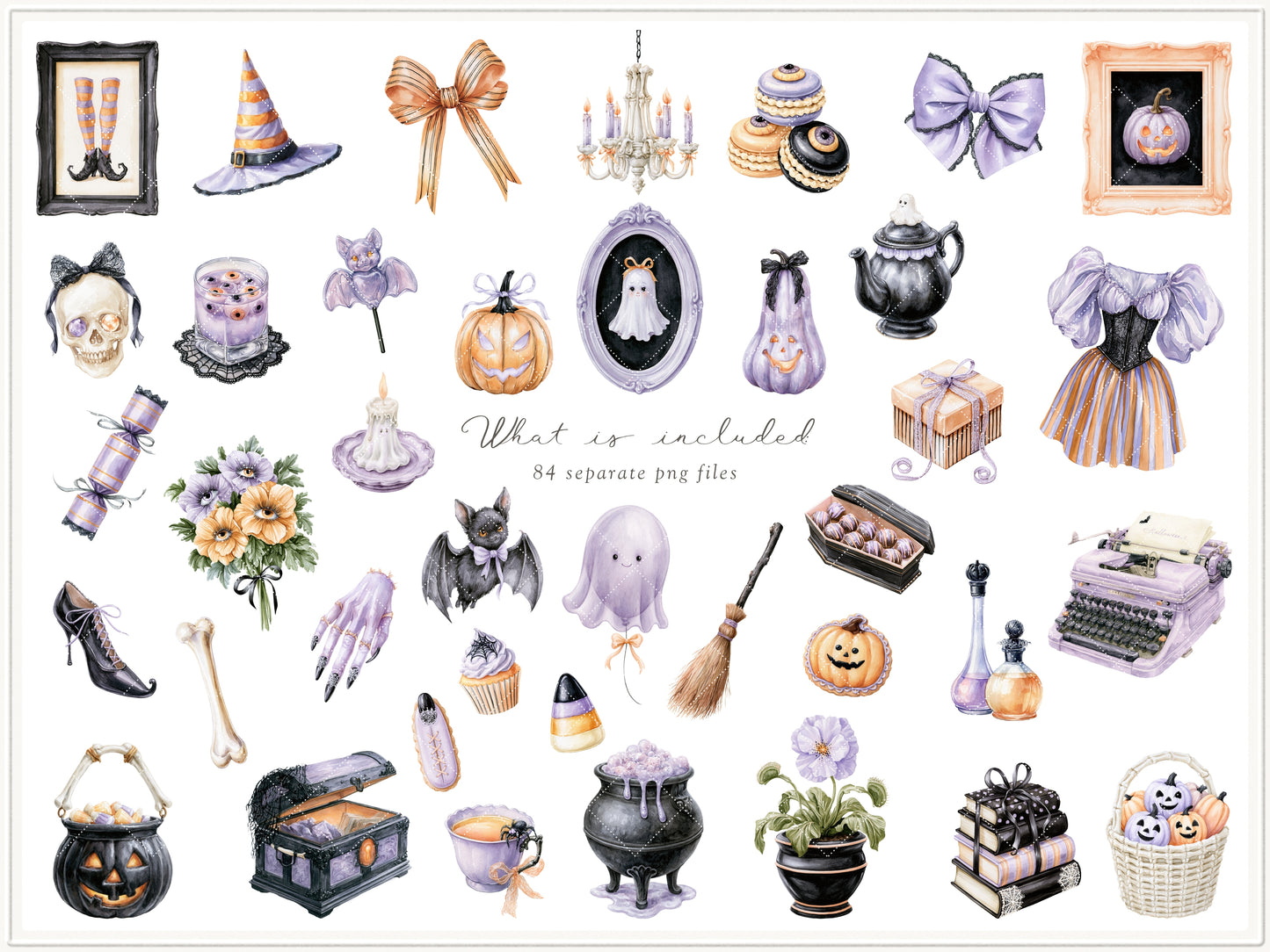 Witching Hour - Watercolor Halloween Clipart & Seamless Patterns Bundle, Spooky Witch Graphics | 94 PNG/JPEG