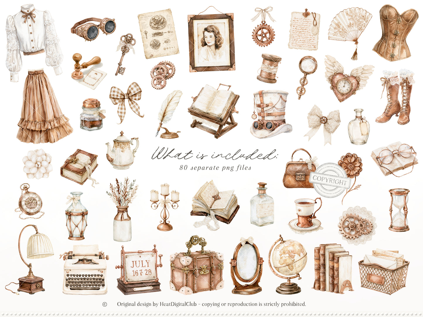 Soft Steampunk - Clipart, Feminine Steampunk, Victorian Clip Art Ephemera, Books, Fantasy | 90 PNG/JPEG