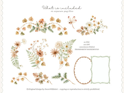 Fall Classics - Floral Arrangements, Autumn Flowers Clipart, Woodland Botanicals, Pumpkins, Leaves, Ferns, Rustic | 40 PNG