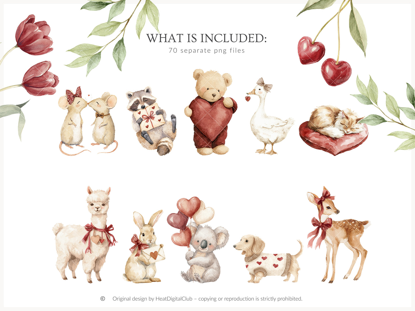 Cherry in Love - Valentine's Day Clipart, Cute Animals, Hearts, Cupcakes, Romantic Love | 70 PNG