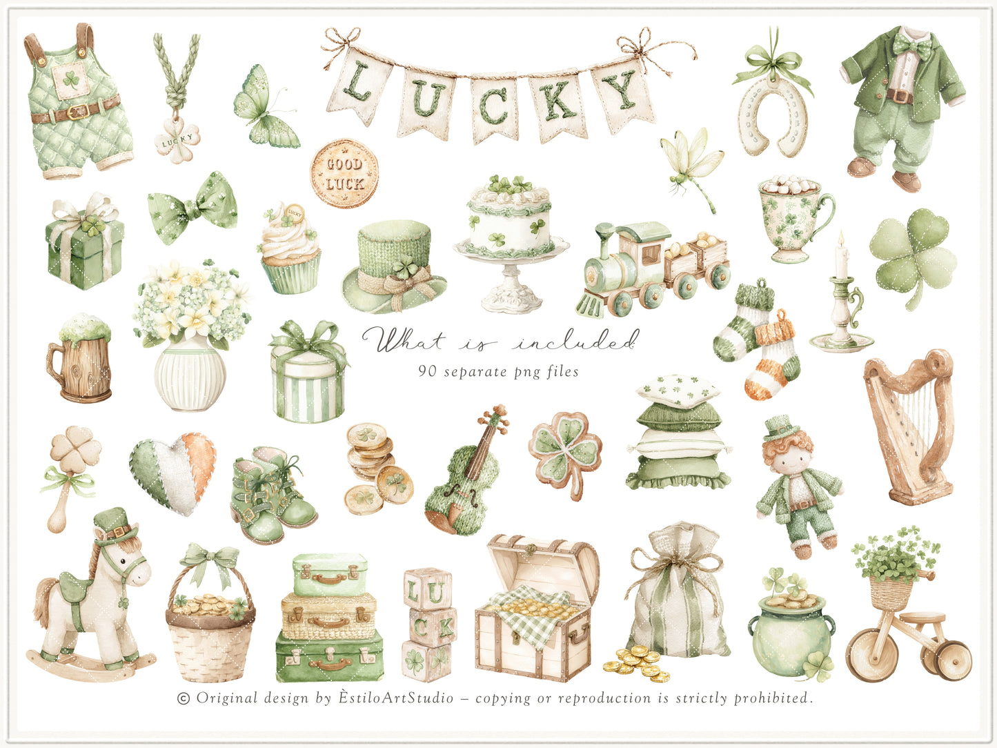 Lucky Atelier - Clipart, St Patrick’s Day Nursery, Irish Baby Toys, Clover, Green Vintage Children | 100 PNG/JPEG