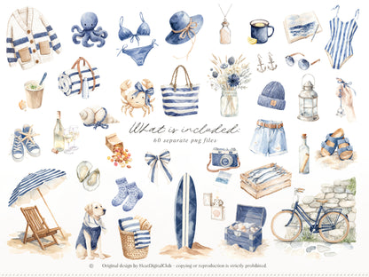 Cold Shore - Clipart, Navy Coastal Girls, Summer Beach, Nautical Graphics, Blue Sea Fashion | 60 PNG