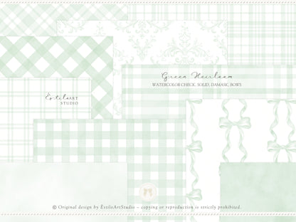 Green Heirloom - Seamless Patterns, Classic Stripe Gingham Damask Bows, Elegant Digital Paper | 20 JPEG