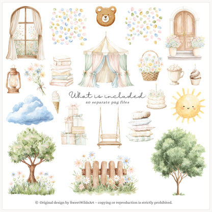 Sweet Classics - Teddy Bear Clipart, Pastel Birthday Bears Toys, Cute Baby Animals, Sweet Nursery | 60 PNG