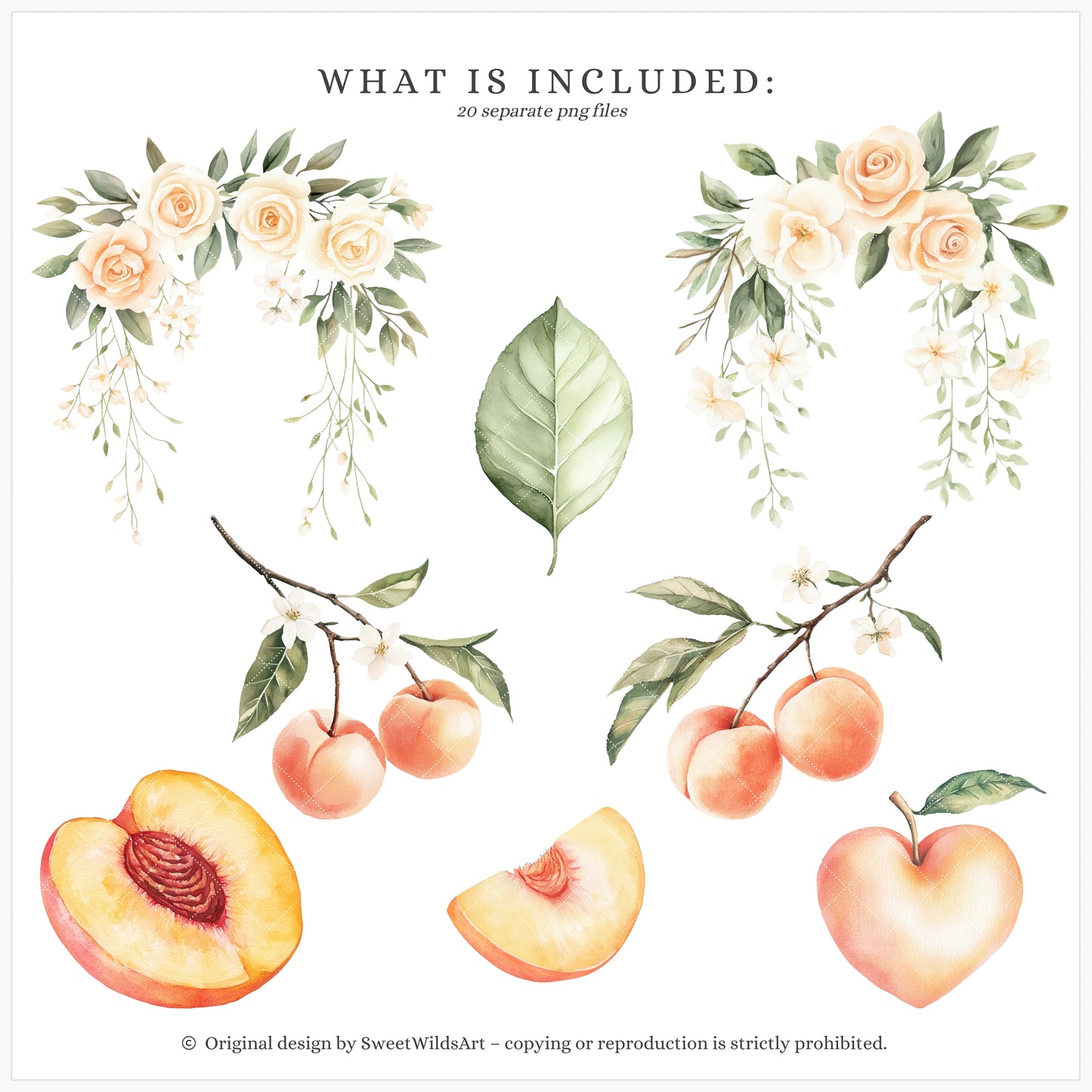 Sweet Peach - Floral Arrangements, Peach Blossom, Jasmine, Cream Roses | 20 PNG