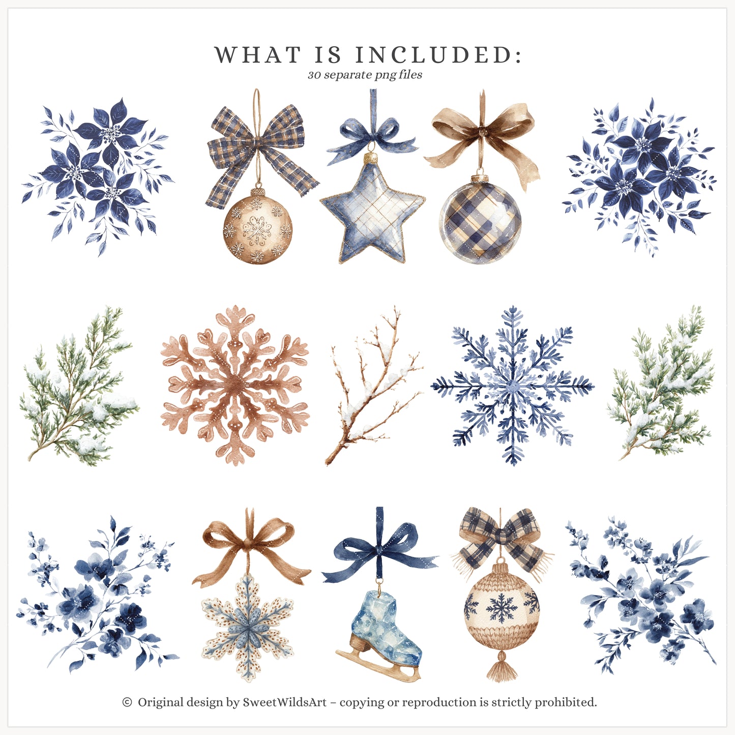 Winter Classics - Floral Arrangements Clipart, Blue Brown Peonies, Snowy Greenery | 30 PNG
