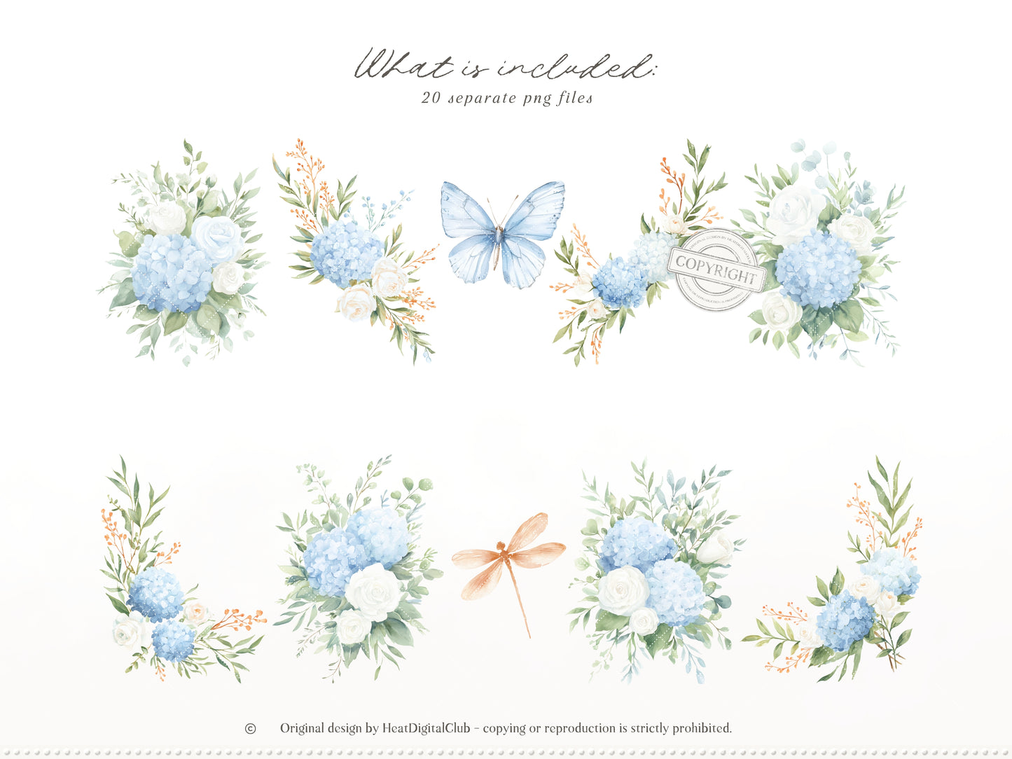 Modern Cinderella -  Floral Arrangements, Blue Hydrangea, White Roses , French Floral, Romantic Flowers | 20 PNG