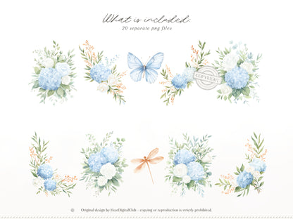 Modern Cinderella -  Floral Arrangements, Blue Hydrangea, White Roses , French Floral, Romantic Flowers | 20 PNG