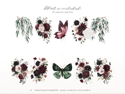 Haunted Spring - Floral Arrangements Clipart, Gothic Floral, Dark Spring Flowers, Moody Botanical | 20 PNG