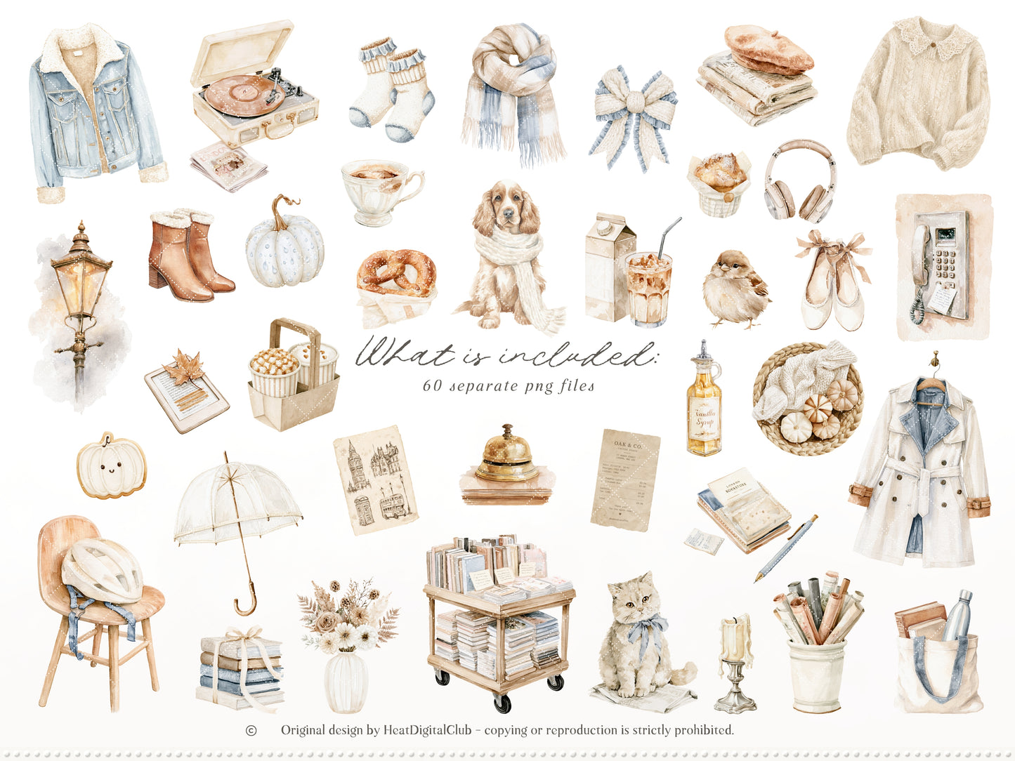 Gentle Fall - Clipart, London Autumn, Cozy Autumn, Neutral Fall Aesthetic, Rainy Day | 60 PNG