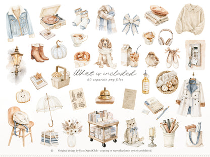 Gentle Fall - Clipart, London Autumn, Cozy Autumn, Neutral Fall Aesthetic, Rainy Day | 60 PNG