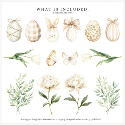 Gentle Meadow - Floral Arrangements Clipart, Spring Tulips Floral, Neutral Cottage Flowers, Easter Bouquet | 25 PNG