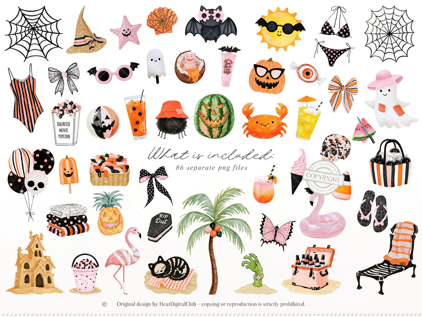 Summerween - Clipart Bundle, Halloween Summer, Spooky Beach Party, Pink Orange Black, Seamless Patterns | 96 PNG/JPEG