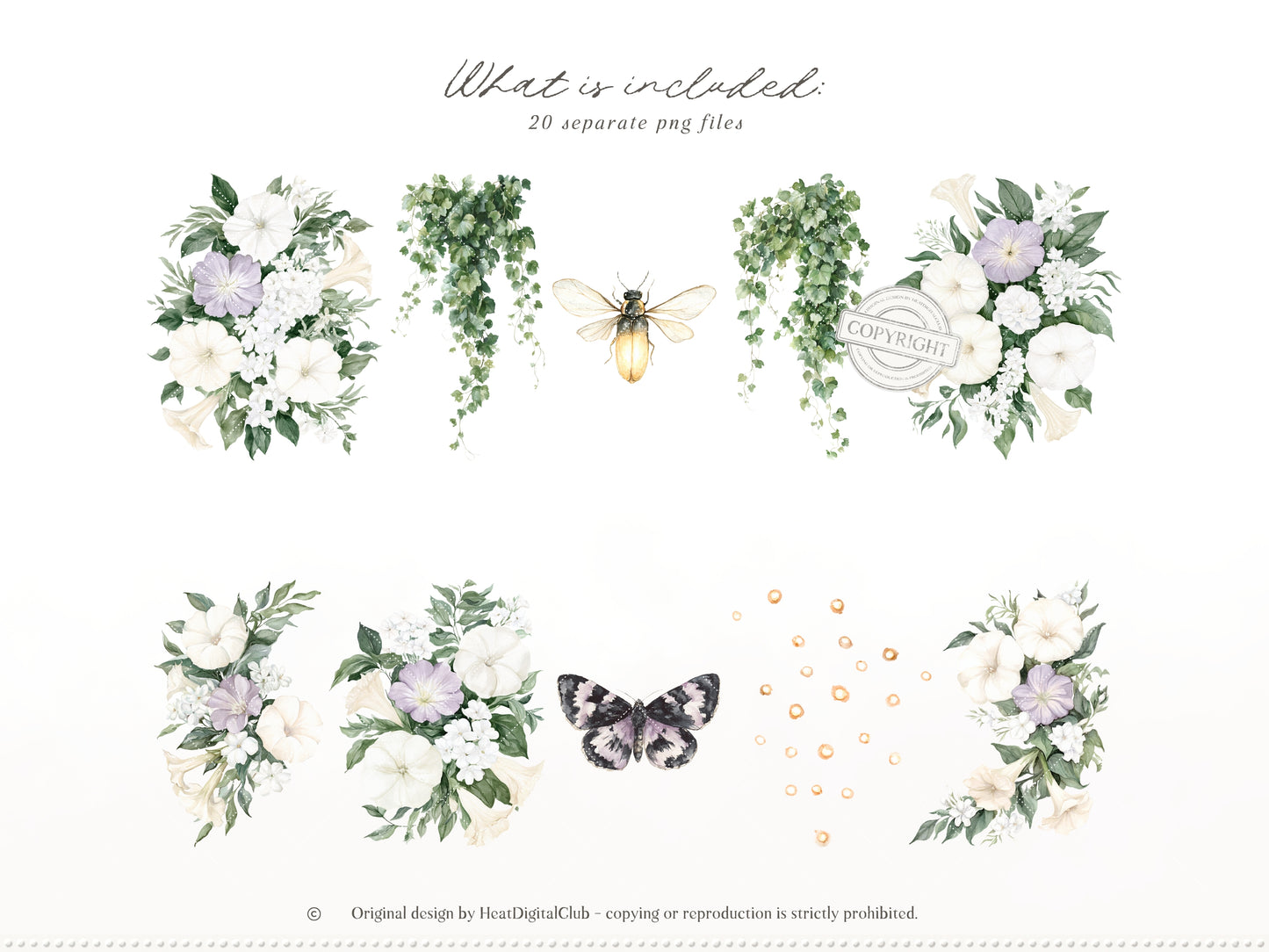 Firefly Garden - Floral Arrangements Clipart, Night Flowers, Lavender Botanical Bouquets, Moonflower | 20 PNG
