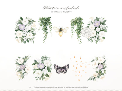 Firefly Garden - Floral Arrangements Clipart, Night Flowers, Lavender Botanical Bouquets, Moonflower | 20 PNG