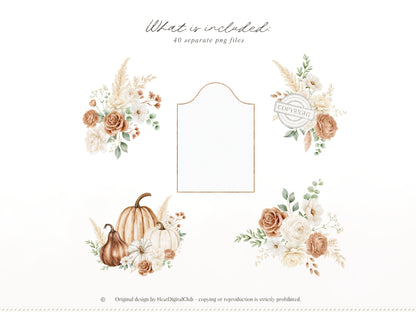 Bohemian Fall -Floral Arrangements Clipart, Autumn Botanical Elements, Cream Rose, Boho Fall Frames | 40 PNG