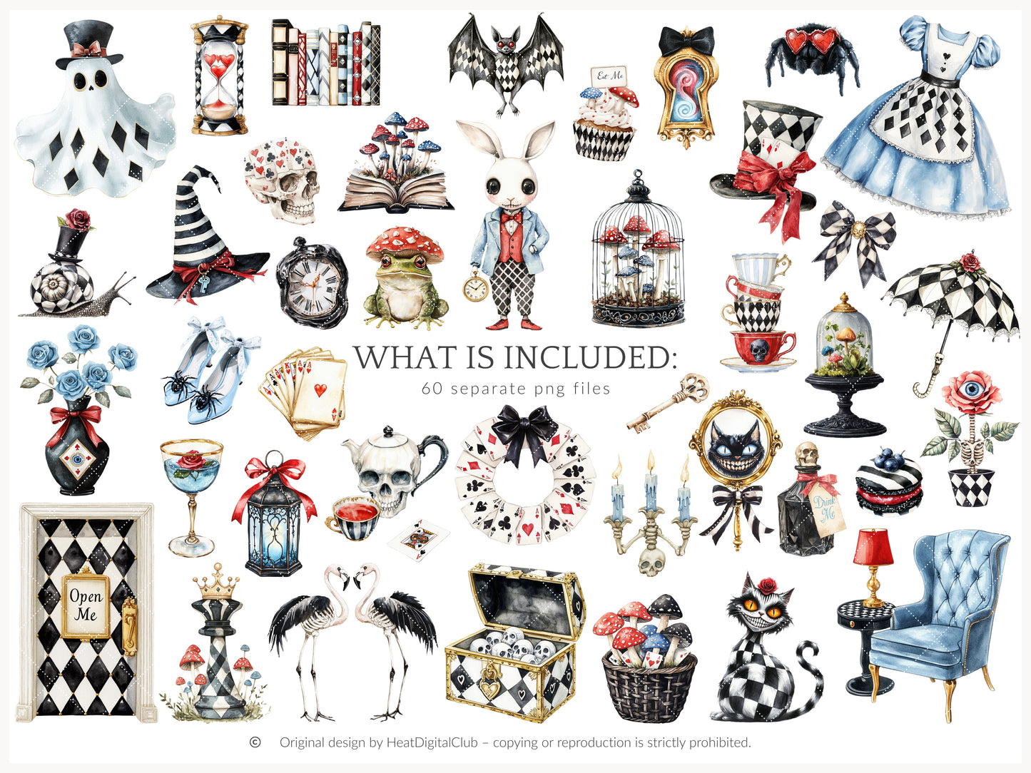 Haunted Alice - Halloween Clipart, Gothic Wonderland, Cheshire Cat, Flamingos | 60 PNG