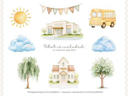 Back To School - Watercolor Clipart Bundle, School Animals, Preschool Toddlers Learning | 60 PNG