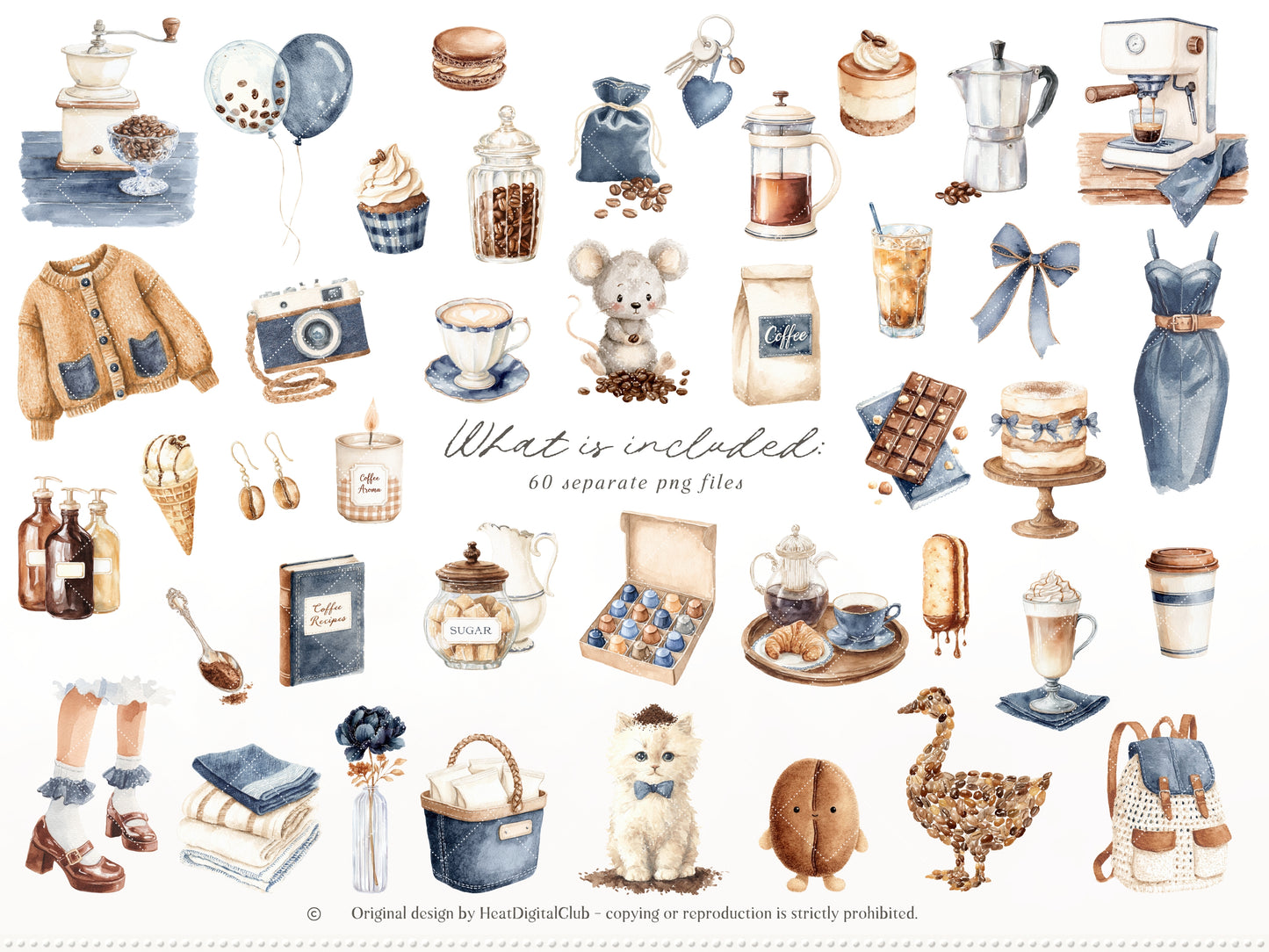 Coffee & Denim - Clipart Set, Denim Aesthetic, Cafe Decor, Cozy Lifestyle Cottagecore | 60 PNG