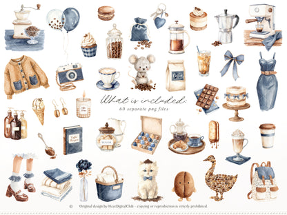 Coffee & Denim - Clipart Set, Denim Aesthetic, Cafe Decor, Cozy Lifestyle Cottagecore | 60 PNG