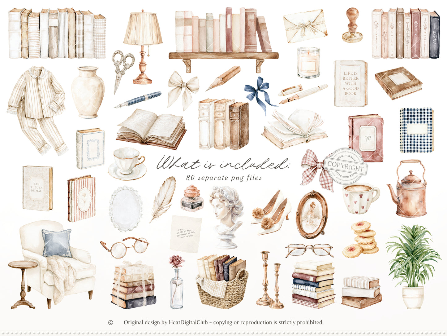 Quiet Chapters - Book Clipart, Vintage Books Aesthetic, Reading Clipart, Cozy Library, French Countryside | 90 PNG/JPEG