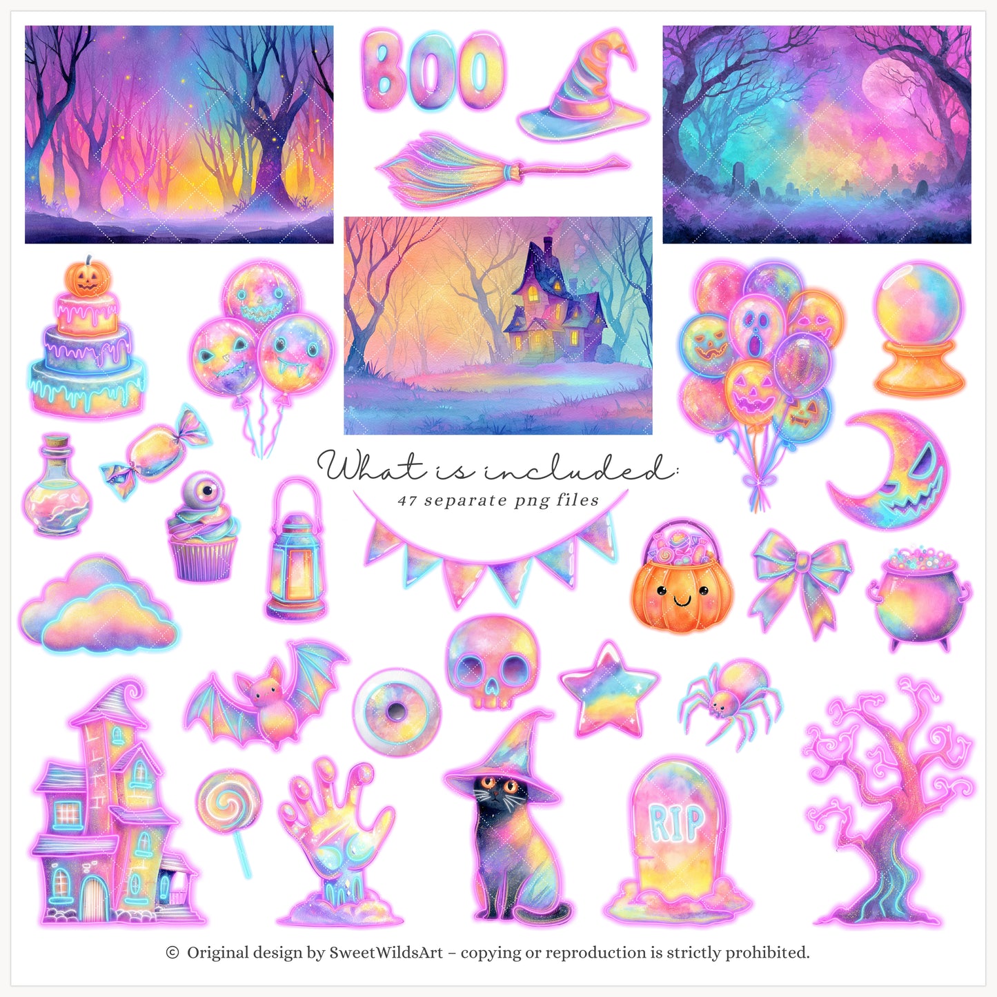 Glowlloween - Neon Halloween Clipart, Ghost, Cute Spooky, Pumpkins | 47 PNG