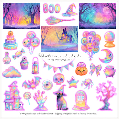 Glowlloween - Neon Halloween Clipart, Ghost, Cute Spooky, Pumpkins | 47 PNG
