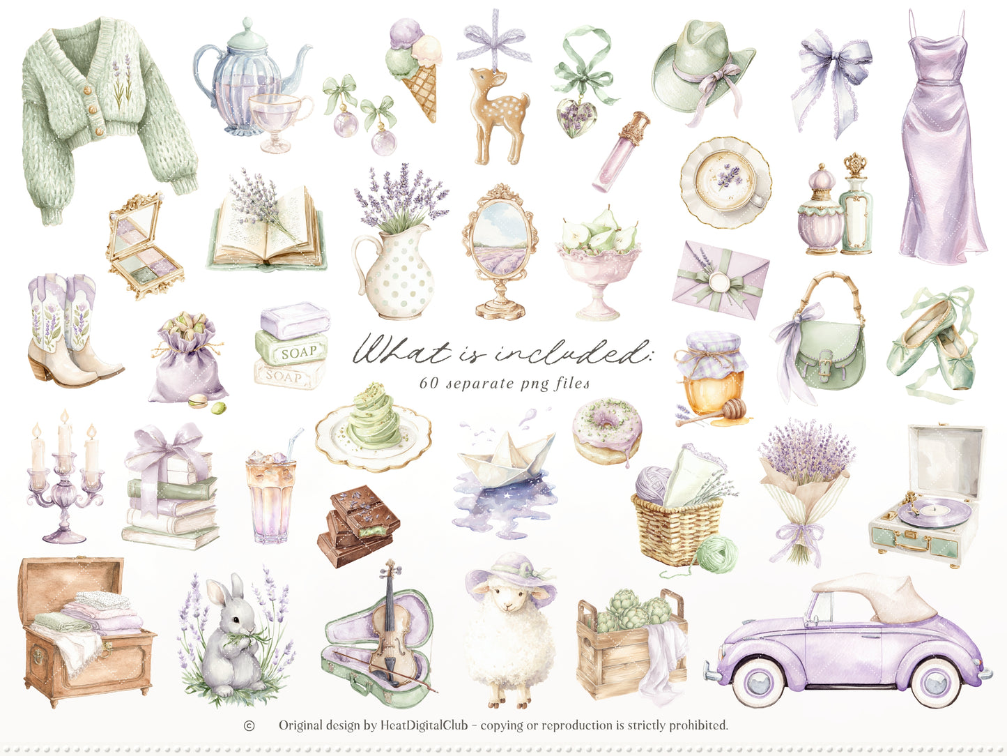 Pistachio Lavender - Clipart, French Countryside Aesthetic, Lavender Field, Romantic Spring | 60 PNG