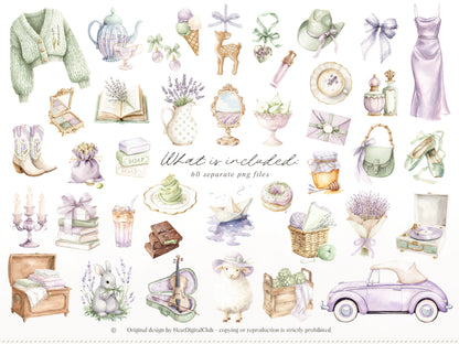 Pistachio Lavender - Clipart, French Countryside Aesthetic, Lavender Field, Romantic Spring | 60 PNG