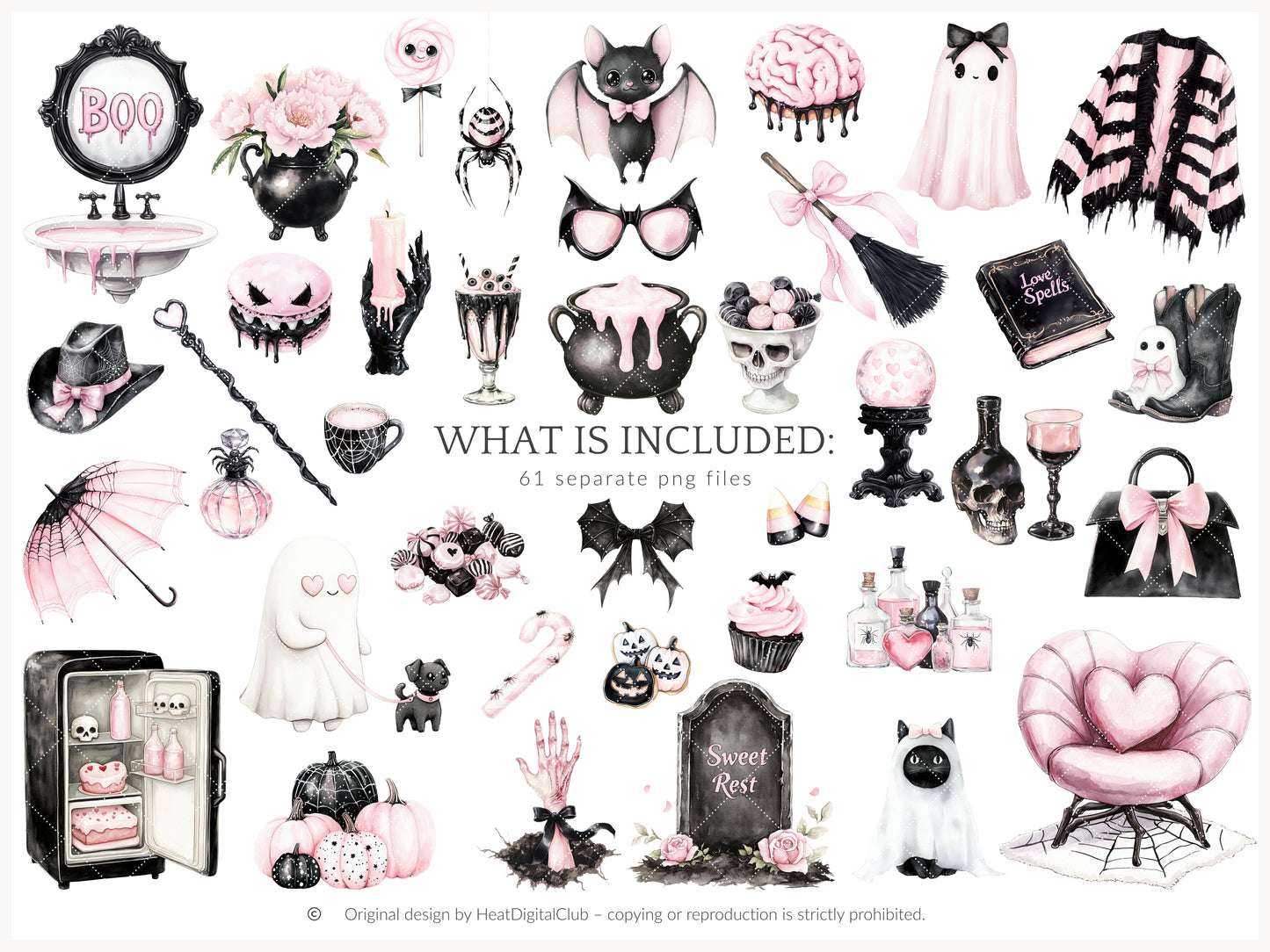 Pretty Haunting - Clipart, Black & Pink Halloween, Cozy Spooky Haunted House| 61 PNG