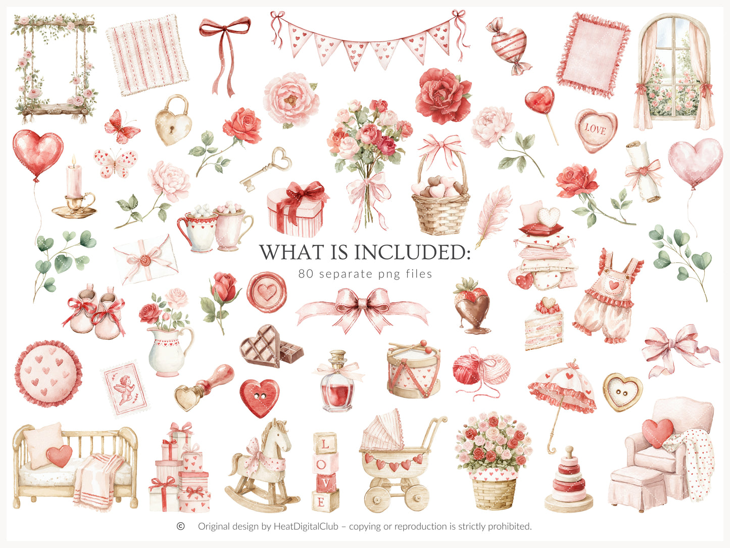 Romantic Atelier - Valentine’s Day Clipart, Cute Vintage Toys, Pink Red Nursery, Love Clipart | 90 PNG/JPEG