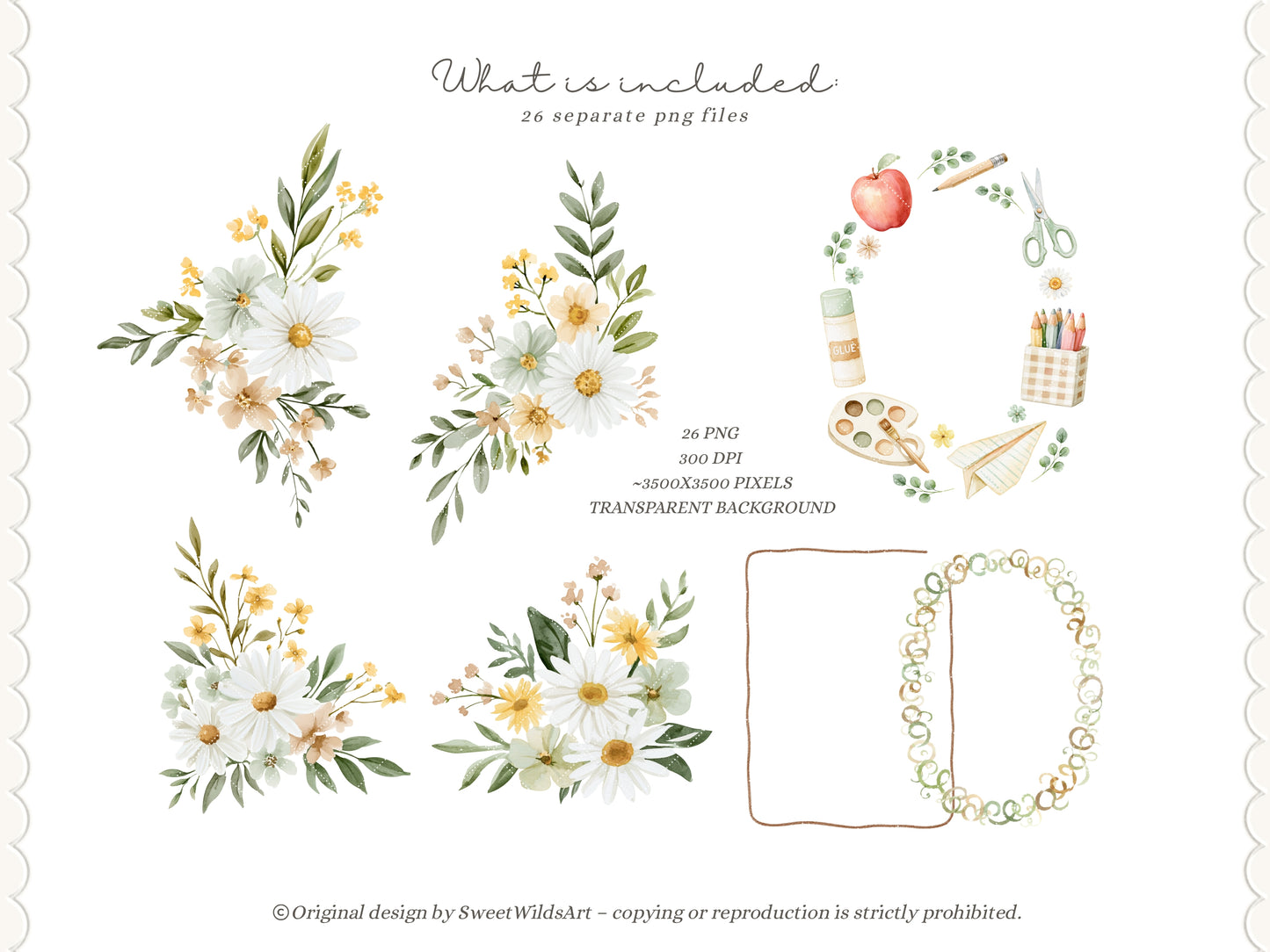 Back To School - Watercolor Floral Arrangements Clipart Bundle, School Additions | 26 PNG