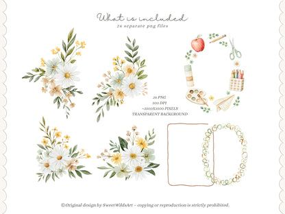 Back To School - Watercolor Floral Arrangements Clipart Bundle, School Additions | 26 PNG