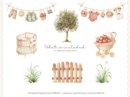 Apple Classics - Nursery Clipart, Cute Animals Clipart, Apple Orchard Kids, Fall Baby | 60 PNG