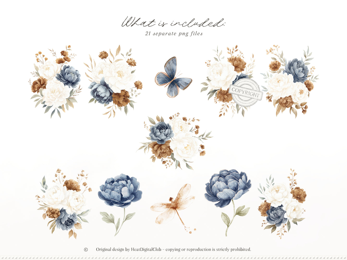 Coffee & Denim - Floral Arrangements Clipart, Blue Ivory Flowers, Coffee Aesthetic,  Botanical | 21 PNG