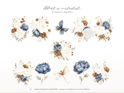 Coffee & Denim - Floral Arrangements Clipart, Blue Ivory Flowers, Coffee Aesthetic,  Botanical | 21 PNG