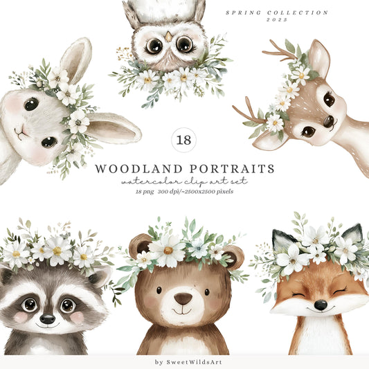 Woodland Portraits - Spring Cute Animals Clipart, Baby Shower, Nursery | 18 PNG